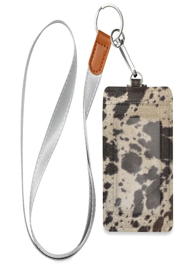 OTVEE Badge Holder, PU Leather ID Card Case Wallet with Neck Lanyard and Key Ring (Cow Skin) - Image 1