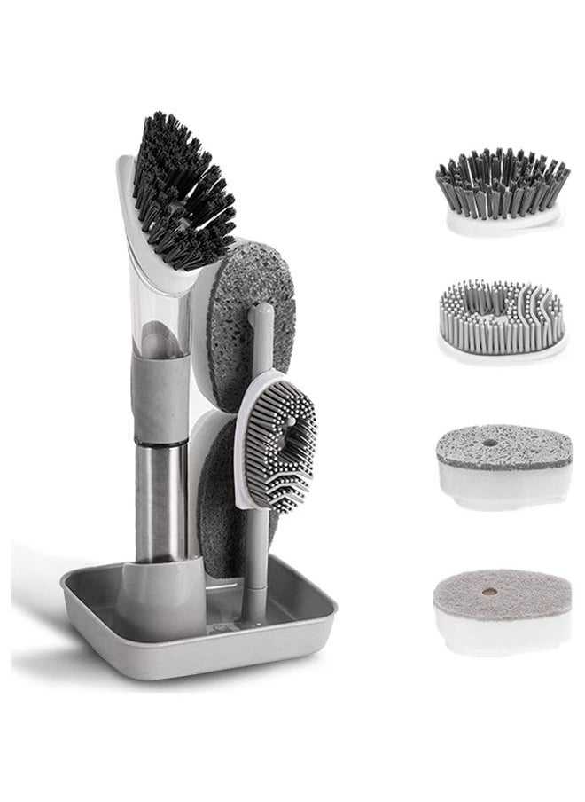 Hihonor Dish Cleaning Brush, Soap Dispensing Dish Brush Set with 4 Replacement Heads and Storage Holder, Kitchen Scrub Brush for Dish Pot Pan Sink Cleaning (Grey)  - Image 1