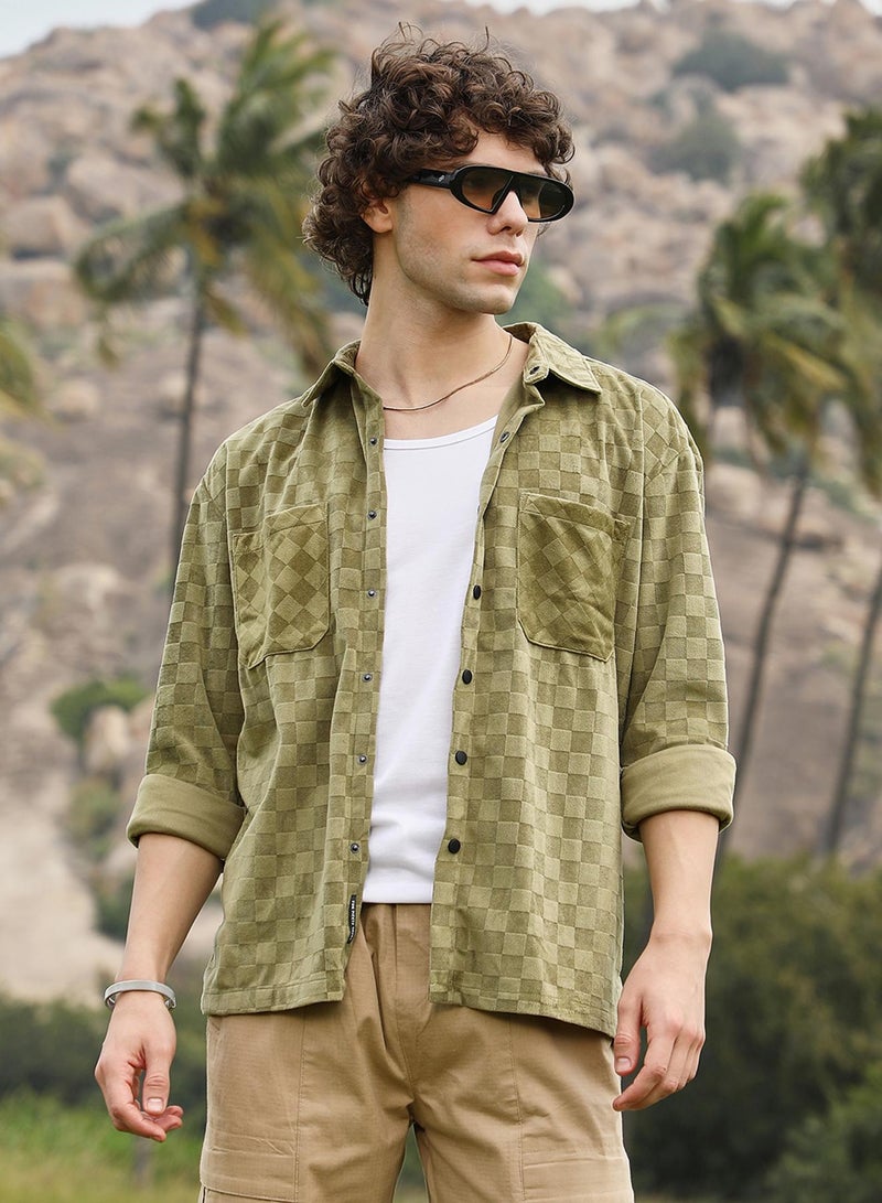 Campus Sutra Men's Olive Green Cubic Velvet Utility Shacket - Image 1