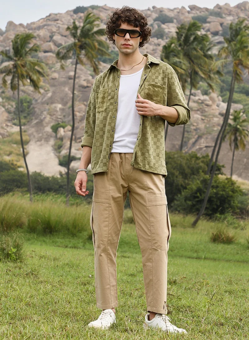 Campus Sutra Men's Olive Green Cubic Velvet Utility Shacket