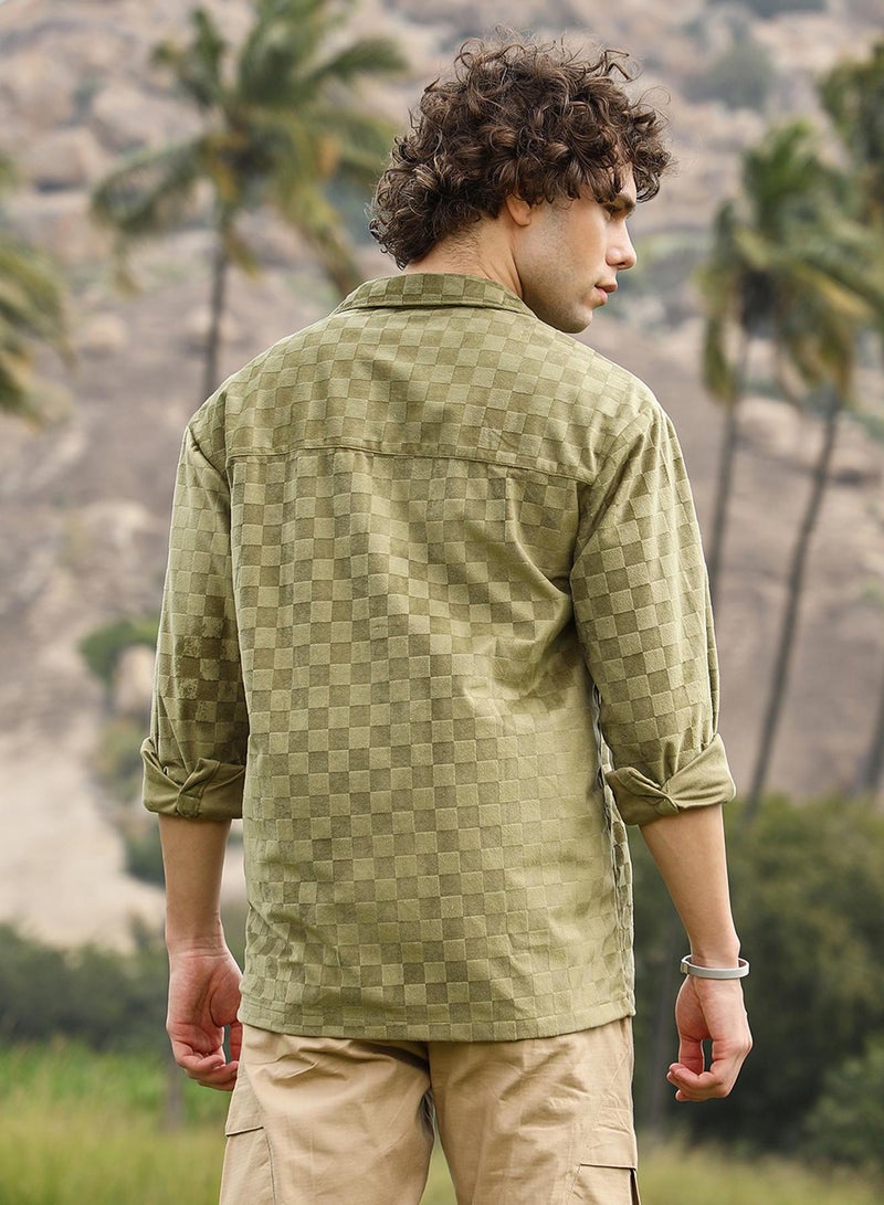 Campus Sutra Men's Olive Green Cubic Velvet Utility Shacket - Image 5