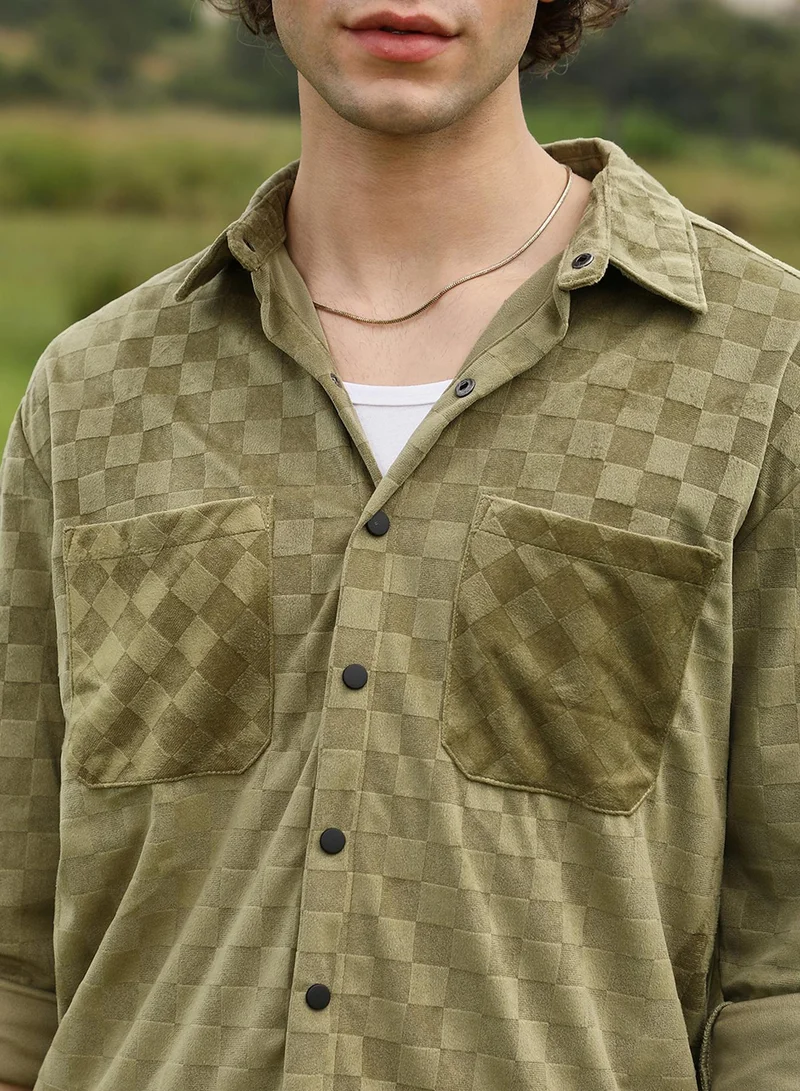 Campus Sutra Men's Olive Green Cubic Velvet Utility Shacket