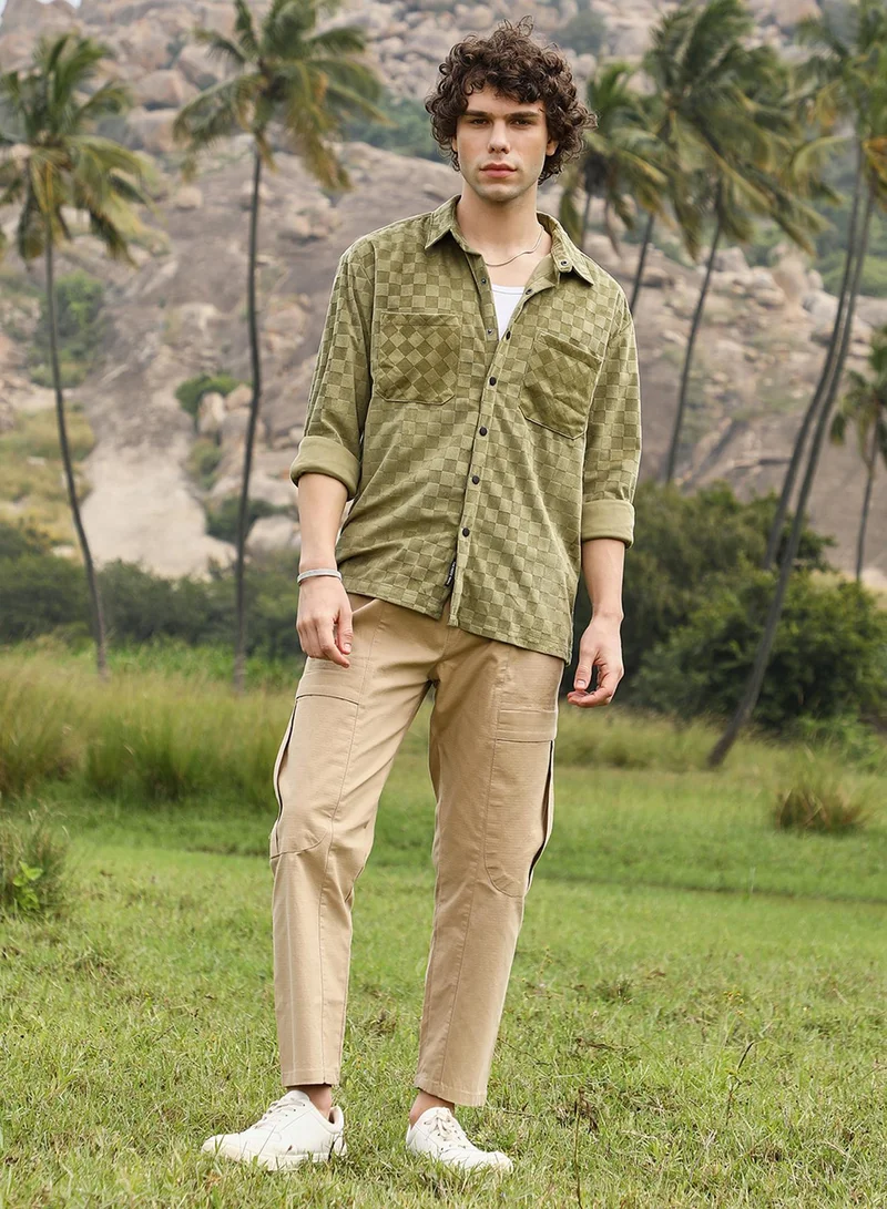 Campus Sutra Men's Olive Green Cubic Velvet Utility Shacket