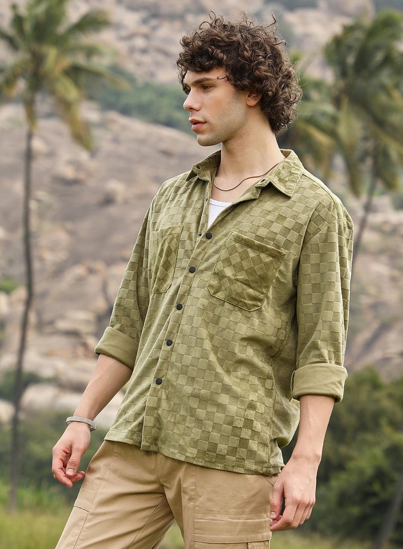 Campus Sutra Men's Olive Green Cubic Velvet Utility Shacket - Image 3