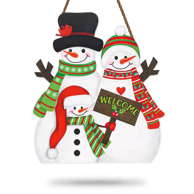 وولاين Whaline Winter Snowman معلقة خشبية علامة عيد الميلاد عائلة ثلج ترحيب علامة الخشب علامة ديكور باب عيد الميلاد لجدار الشرفة في الهواء الطلق داخلي - Image 1