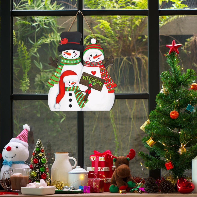 وولاين Whaline Winter Snowman معلقة خشبية علامة عيد الميلاد عائلة ثلج ترحيب علامة الخشب علامة ديكور باب عيد الميلاد لجدار الشرفة في الهواء الطلق داخلي - Image 4