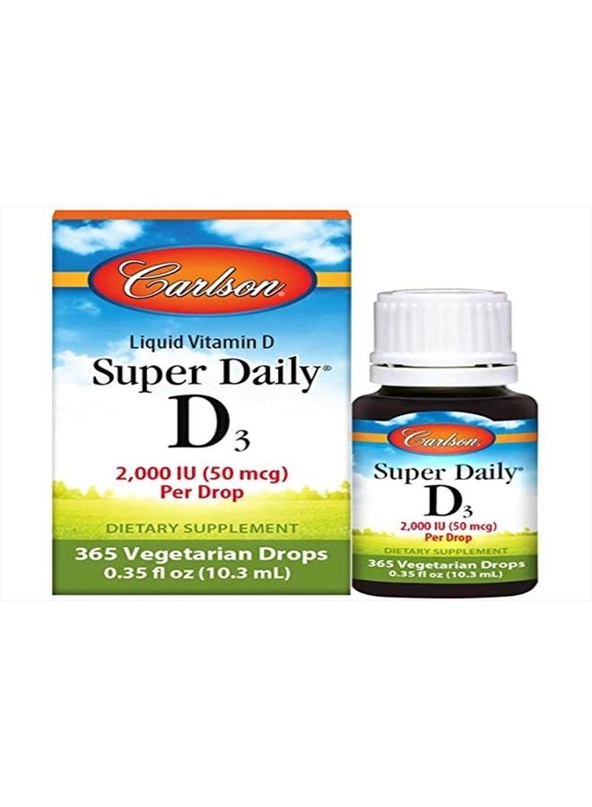 Carlson Super Daily D3, Vitamin D Drops, 2,000 IU per Drop, 1-Year Supply, Vitamin D3 Liquid, Heart & Immune Health, Vegetarian, Liquid Vitamin D Drops, Unflavored, 365 Drops