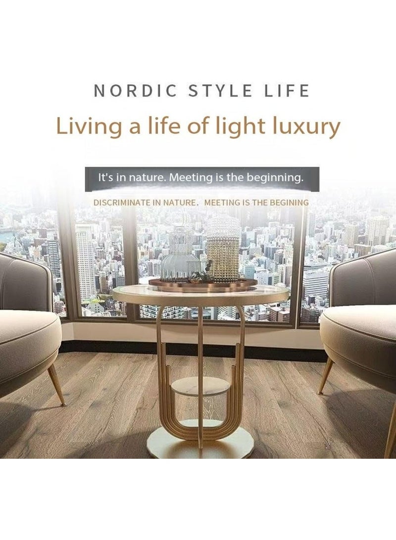 سي آند سي هوم طاولة قهوة دائرية عصرية بتصميم مزدوج المستويات - طاولة جانبية بسطح رخامي مع رف تخزين مدمج، طاولة مركزية معاصرة لغرفة المعيشة، طاولة جانبية للأريكة للمكتب المنزلي، الصالة وديكور الشقة (50×60 سم) - Image 2