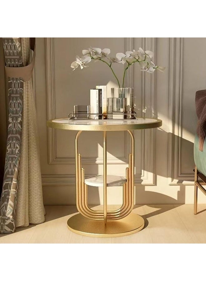 سي آند سي هوم طاولة قهوة دائرية عصرية بتصميم مزدوج المستويات - طاولة جانبية بسطح رخامي مع رف تخزين مدمج، طاولة مركزية معاصرة لغرفة المعيشة، طاولة جانبية للأريكة للمكتب المنزلي، الصالة وديكور الشقة (50×60 سم) - Image 4