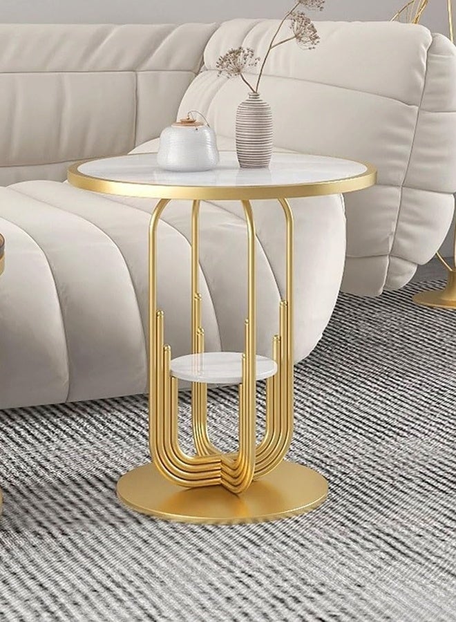 سي آند سي هوم طاولة قهوة دائرية عصرية بتصميم مزدوج المستويات - طاولة جانبية بسطح رخامي مع رف تخزين مدمج، طاولة مركزية معاصرة لغرفة المعيشة، طاولة جانبية للأريكة للمكتب المنزلي، الصالة وديكور الشقة (50×60 سم) - Image 1