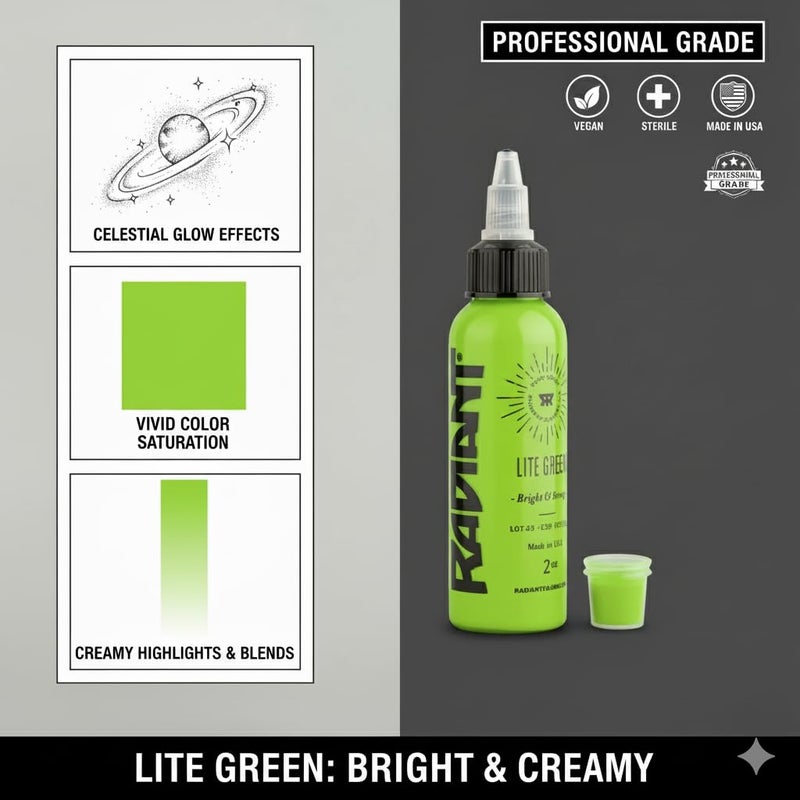 Lite Green Radiant Tattoo Ink – 1/2oz (15ml) | Professional Tattoo Pigment for Outlining, Shading & Blending | Pastel Green | Vegan, Acrylic-Free, Skin-Safe & Sterile