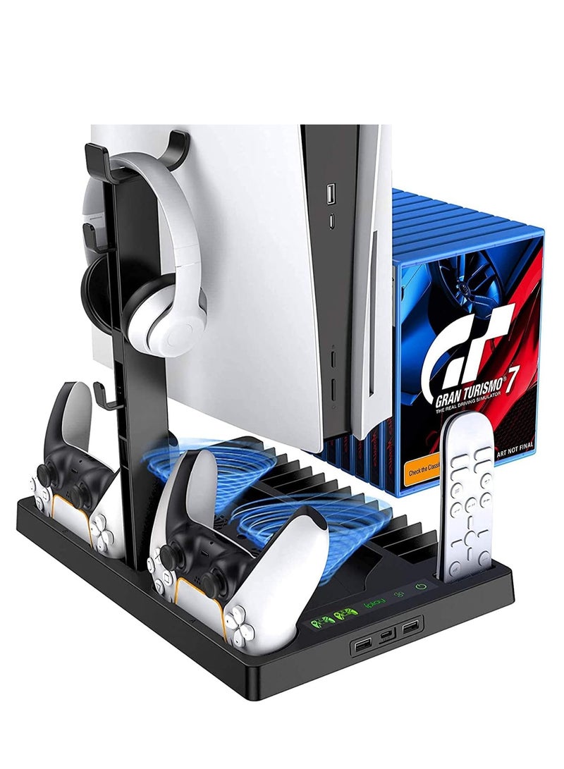 PS5 Vertical Stand with Controller Charging Station & Suction Cooling Fan, Dual Controller Charger Station, PS5 Gaming Accessories for PS5 - Image 1