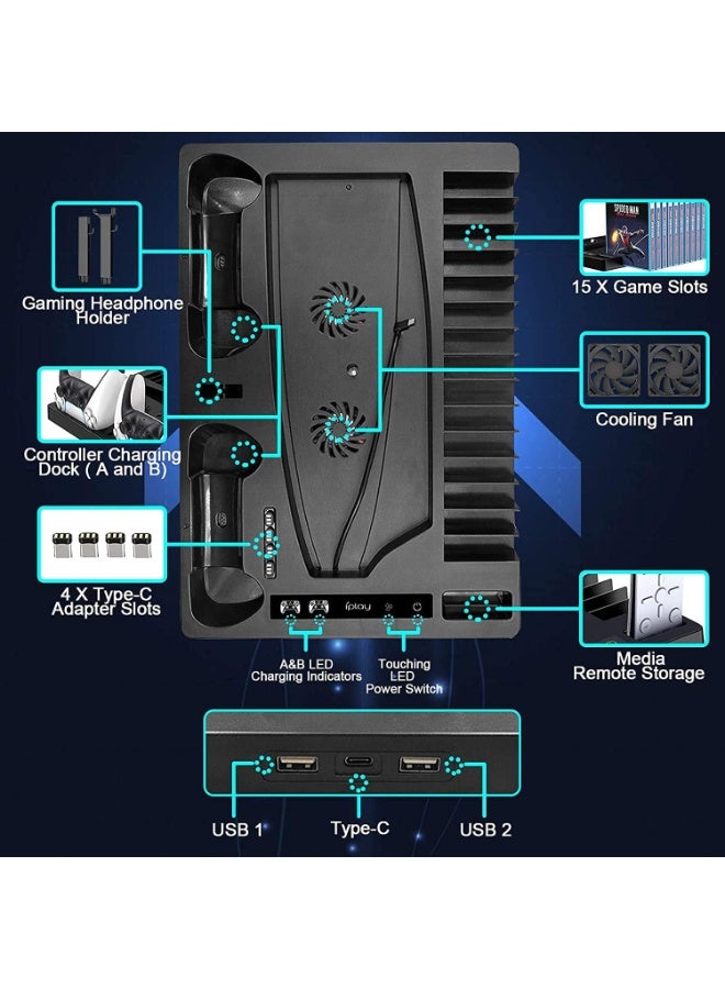 PS5 Vertical Stand with Controller Charging Station & Suction Cooling Fan, Dual Controller Charger Station, PS5 Gaming Accessories for PS5 - Image 4