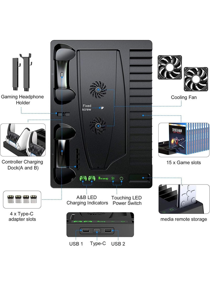 PS5 Vertical Stand with Controller Charging Station & Suction Cooling Fan, Dual Controller Charger Station, PS5 Gaming Accessories for PS5 - Image 3