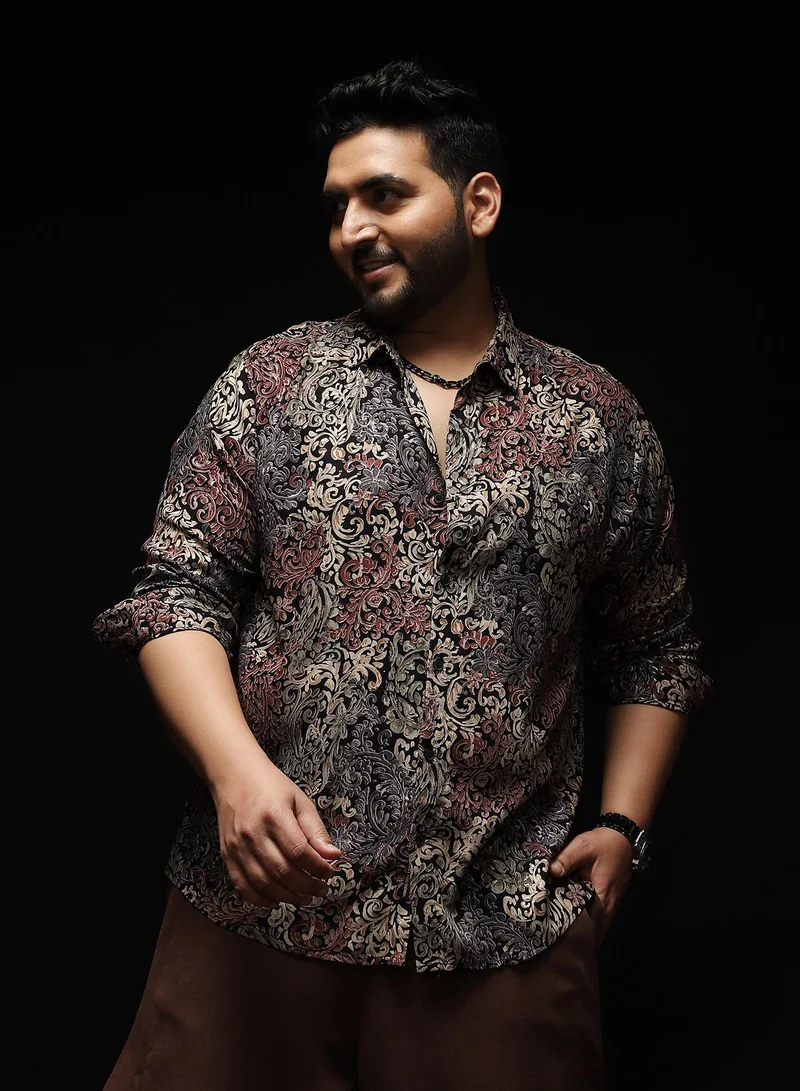 Instafab Plus Instafab Plus Men's Onyx Black & Ecru Beige Regal Foliage Shirt | Spread Collar , Long Cuffed Sleeves , Button Closure , Curved Hemline | Floral-Print Plain Viscose Material For Evening & Party Wear