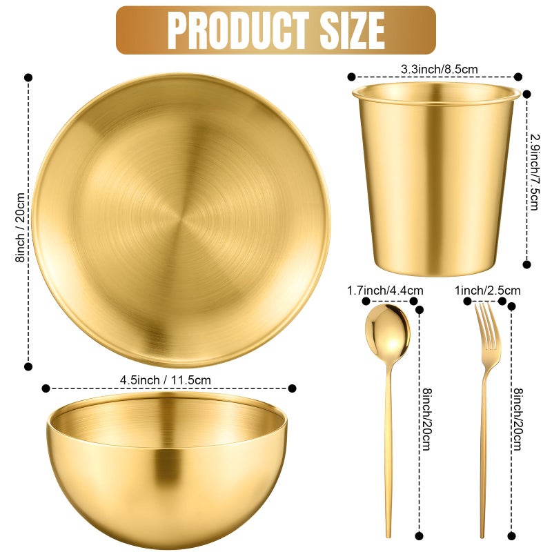 Jinei 30 Pcs 304 Stainless Steel Dinner Set Stainless Steel Plates and Bowls Include Plates Bowls Cups Forks Spoons Utensil Reusable Metal Camping Dinnerware Tableware for Home Picnic Kitchen (Gold) - Image 2