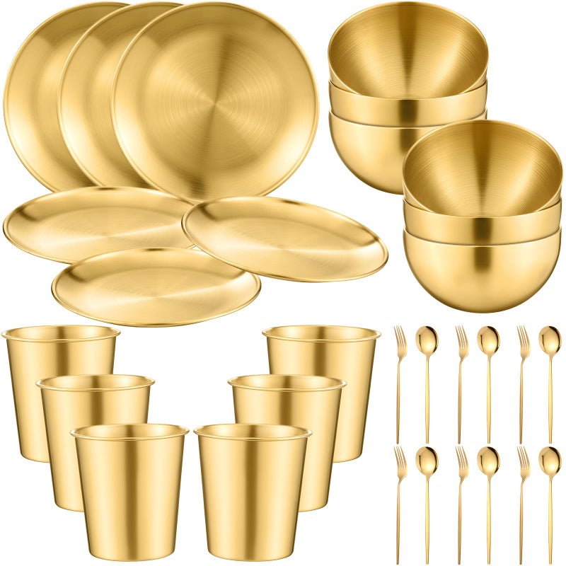 Jinei 30 Pcs 304 Stainless Steel Dinner Set Stainless Steel Plates and Bowls Include Plates Bowls Cups Forks Spoons Utensil Reusable Metal Camping Dinnerware Tableware for Home Picnic Kitchen (Gold) - Image 1