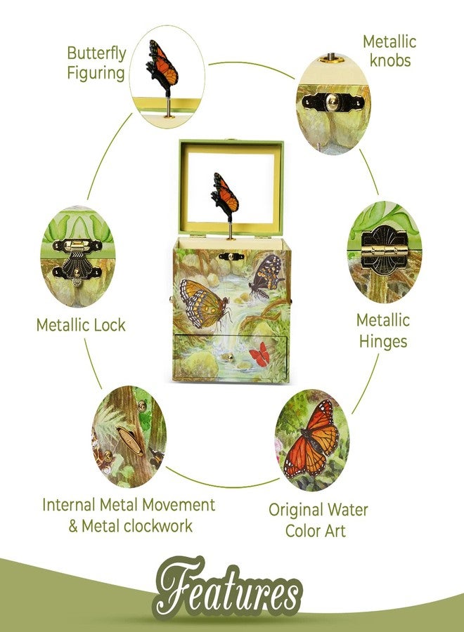 Enchantmints Monarch Butterfly Musical Jewelry Box Butterfly Spins to Music 4 Pullout Drawers - Image 3