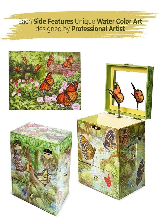 Enchantmints Monarch Butterfly Musical Jewelry Box Butterfly Spins to Music 4 Pullout Drawers - Image 2