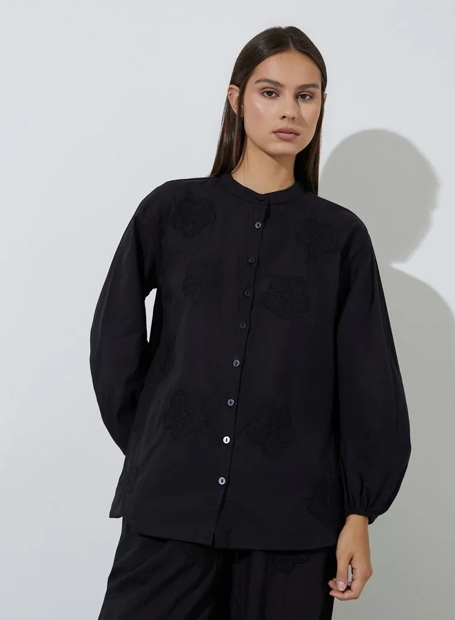 Styli Black Schiffli Shirt and Wide Leg Pants Co-ord Set