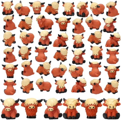 Suzile 100 Pcs Mini Resin Highland Cow Figurines Bulk Mini Cow Figurines Cute Resin Miniature Sculpture Ornament Highland Cows Gifts for Landscape Office Garden Desk Party Tabletop Decor - Image 1