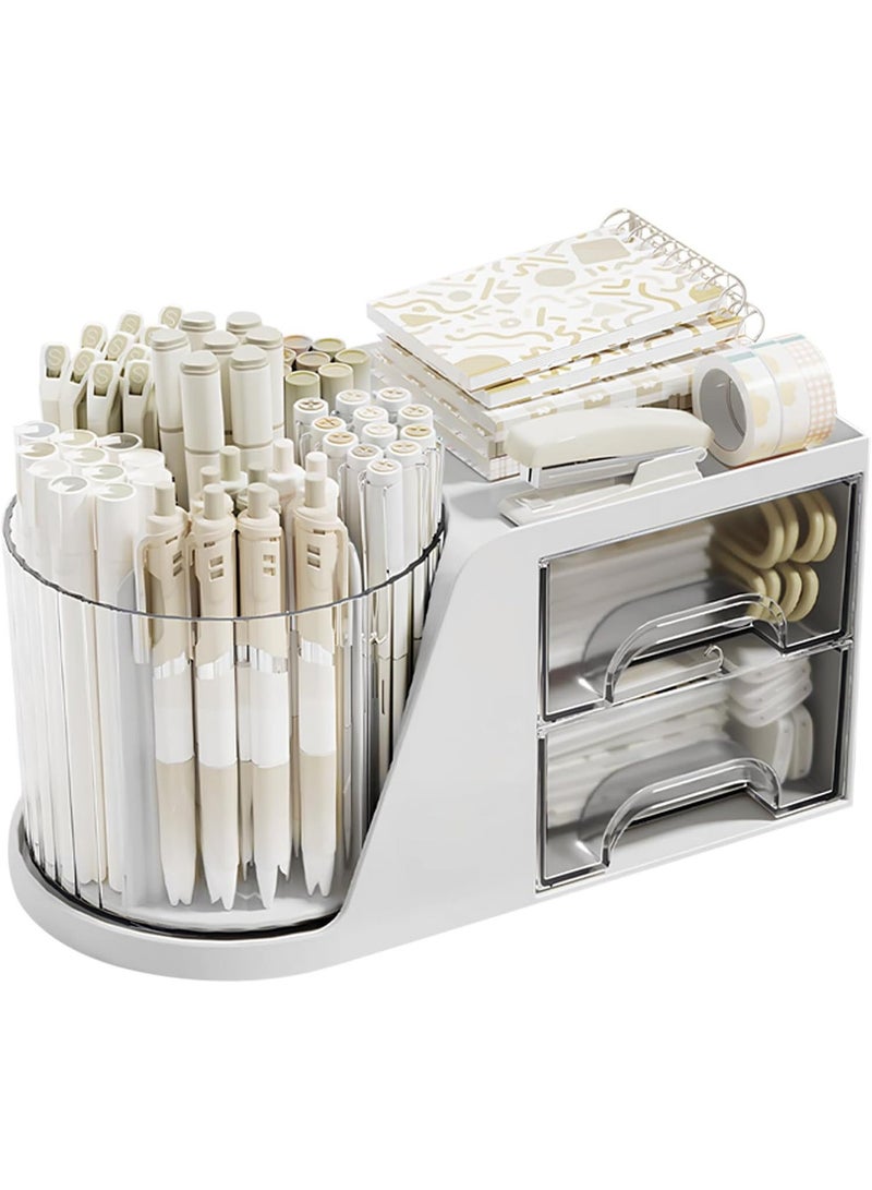 Desk organizer with a rotating pen and pencil holder and two small drawers; an office supply organizer for workspace tidying and storage. - Image 1