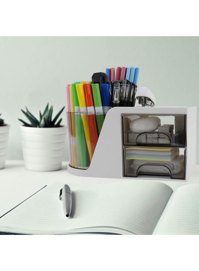 Desk organizer with a rotating pen and pencil holder and two small drawers; an office supply organizer for workspace tidying and storage. - Image 2