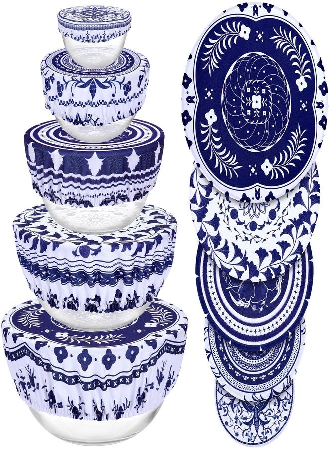 Revahope 5 Pieces Bowl Covers Reusable, 5 Size Stretch Cloth Bowl Covers for Bread Proofing Cotton Fabric Elastic Bowl Covers Reusable Food Covers Washable for Food Fruits Leftover (Blue Vine) - Image 1