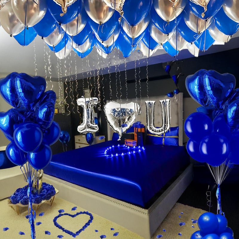 besttideyes I Love You for HimHer Balloons 56pcs Royal Blue and Sliver balloon kit Include 18 Inch Heart Shaped Balloons and 500 Blue Artificial Rose Petals Romantic Decoration Kit for Valentines Party - Image 3
