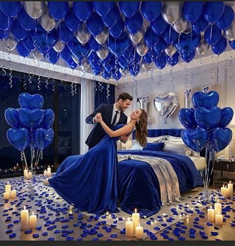 besttideyes I Love You for HimHer Balloons 56pcs Royal Blue and Sliver balloon kit Include 18 Inch Heart Shaped Balloons and 500 Blue Artificial Rose Petals Romantic Decoration Kit for Valentines Party - Image 5