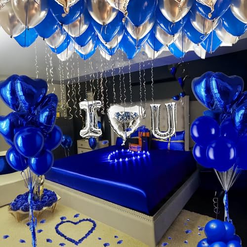 besttideyes I Love You for HimHer Balloons 56pcs Royal Blue and Sliver balloon kit Include 18 Inch Heart Shaped Balloons and 500 Blue Artificial Rose Petals Romantic Decoration Kit for Valentines Party - Image 1