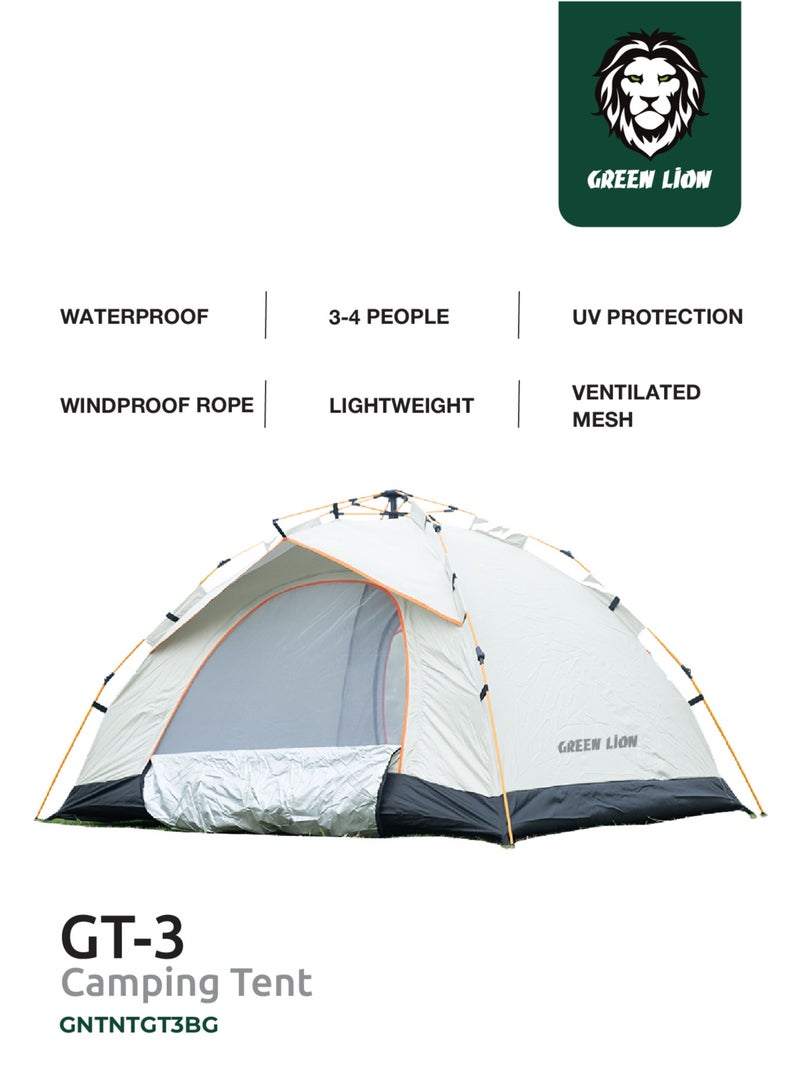 جرين ليون خيمة تخييم GT-3 / سعة 3-4 أشخاص / خيمة تخييم خارجية / خيمة تخييم سهلة التركيب / حماية من الأشعة فوق البنفسجية / خفيفة الوزن / مقاومة للماء / شبكة جيدة التهوية / حبل مقاوم للرياح - بيج - Image 1