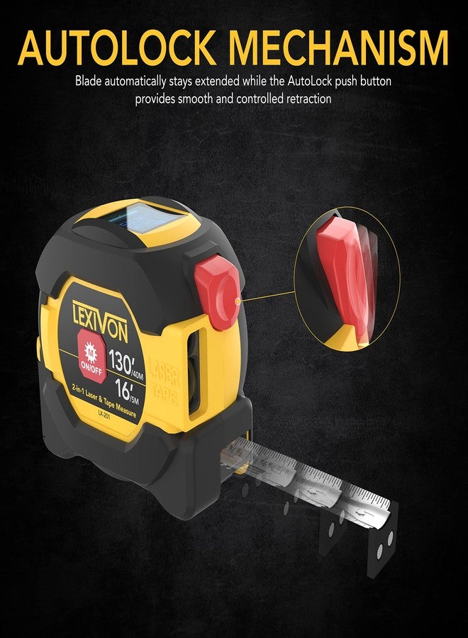 LEXIVON شريط قياس ليزر رقمي 2 في 1 من ليكسيفون | شاشة عرض LCD بإضاءة خلفية لقياس المسافة بالليزر بطول 130 قدمًا/40 مترًا، مع شريط قياس بقفل تلقائي بطول 16 قدمًا/5 أمتار | قدم/بوصة/كسور/متر/مم (LX-201) - Image 5