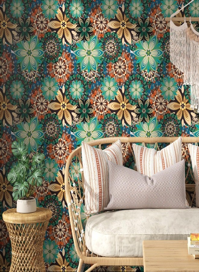 Wallercity Blue/Green Boho Peel and Stick Wallpaper Vintage Floral Wallpaper for Bathroom Kitchen Bedroom Abstract Contact Paper for Cabinets and Drawers Waterproof Vinyl Wrap for Liner 17.5''x102'' - Image 2