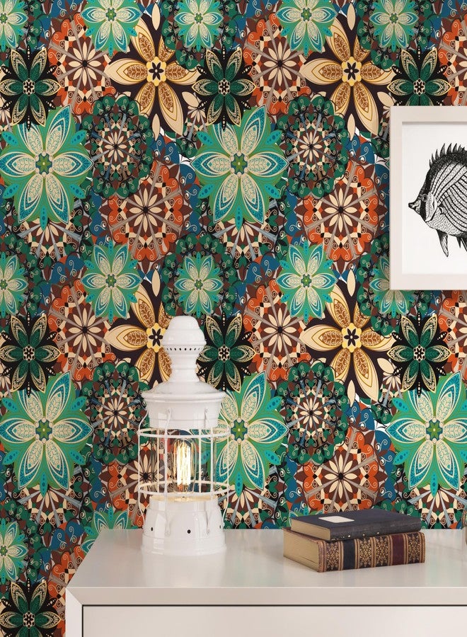 Wallercity Blue/Green Boho Peel and Stick Wallpaper Vintage Floral Wallpaper for Bathroom Kitchen Bedroom Abstract Contact Paper for Cabinets and Drawers Waterproof Vinyl Wrap for Liner 17.5''x102'' - Image 3