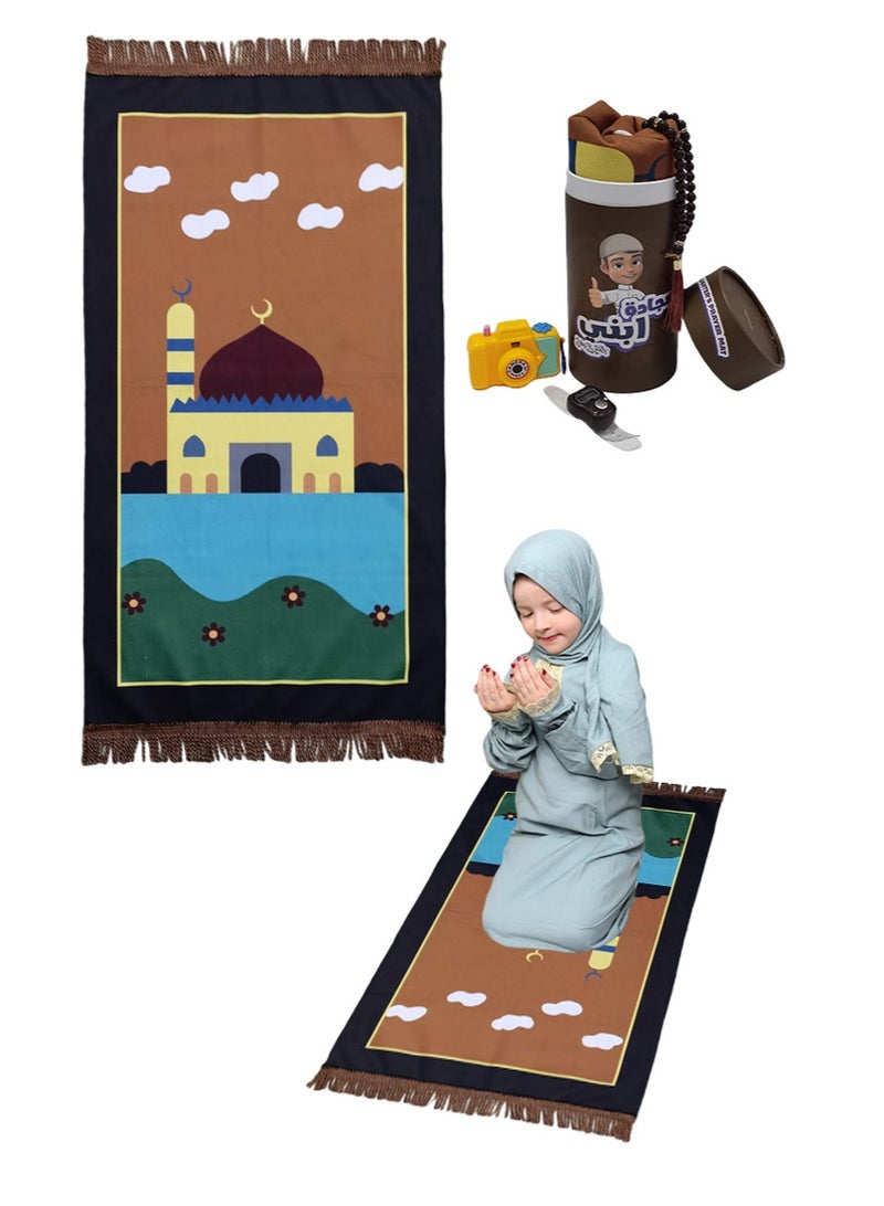 Sunnaltree 5PCS Prayer Carpet Mat Set for Kids, Foldable Muslim Prayer Rug With Rosary, Tasbeeh Counter and Other, Islamic Pattern, Soft Padded Islamic Prayer Mat, Muslim Gift for Ramadan, Eid, Hajj(Brown) - Image 1