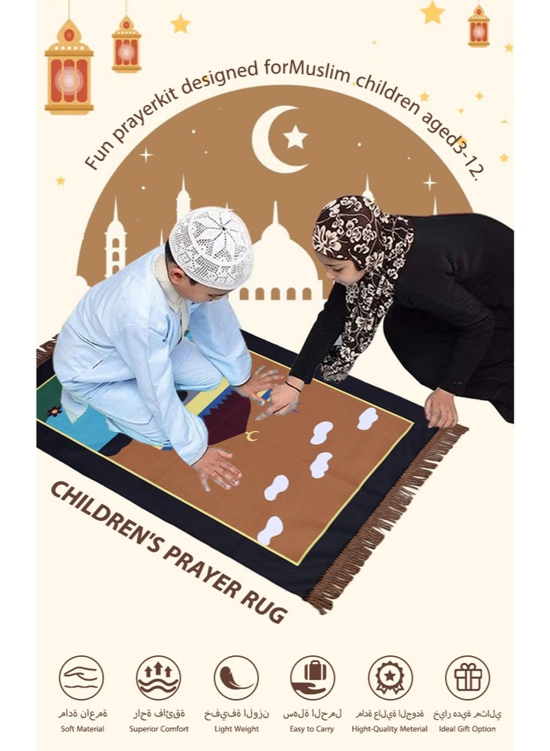 Sunnaltree 5PCS Prayer Carpet Mat Set for Kids, Foldable Muslim Prayer Rug With Rosary, Tasbeeh Counter and Other, Islamic Pattern, Soft Padded Islamic Prayer Mat, Muslim Gift for Ramadan, Eid, Hajj(Brown) - Image 2