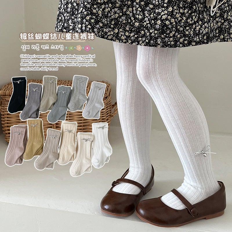 Autumn Girls' Pantyhose Children'S Thick Silver Bow Leggings Combed Cotton Outer Wear Baby - Image 2