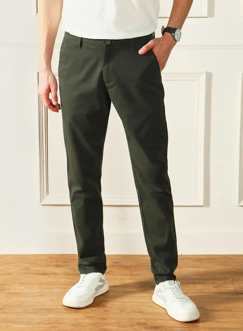 Dennis Lingo Men's Dark Green 100% Cotton Solid Pattern Full Length Chinos Slim Fit Trouser