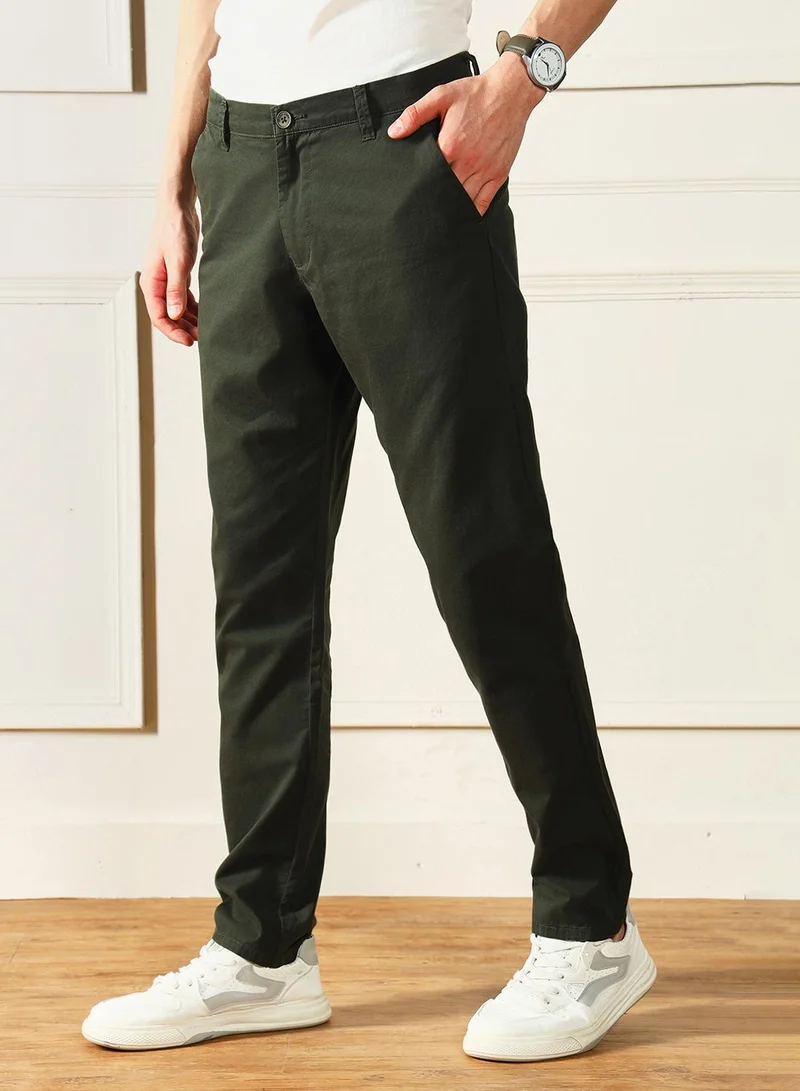 Dennis Lingo Men's Dark Green 100% Cotton Solid Pattern Full Length Chinos Slim Fit Trouser