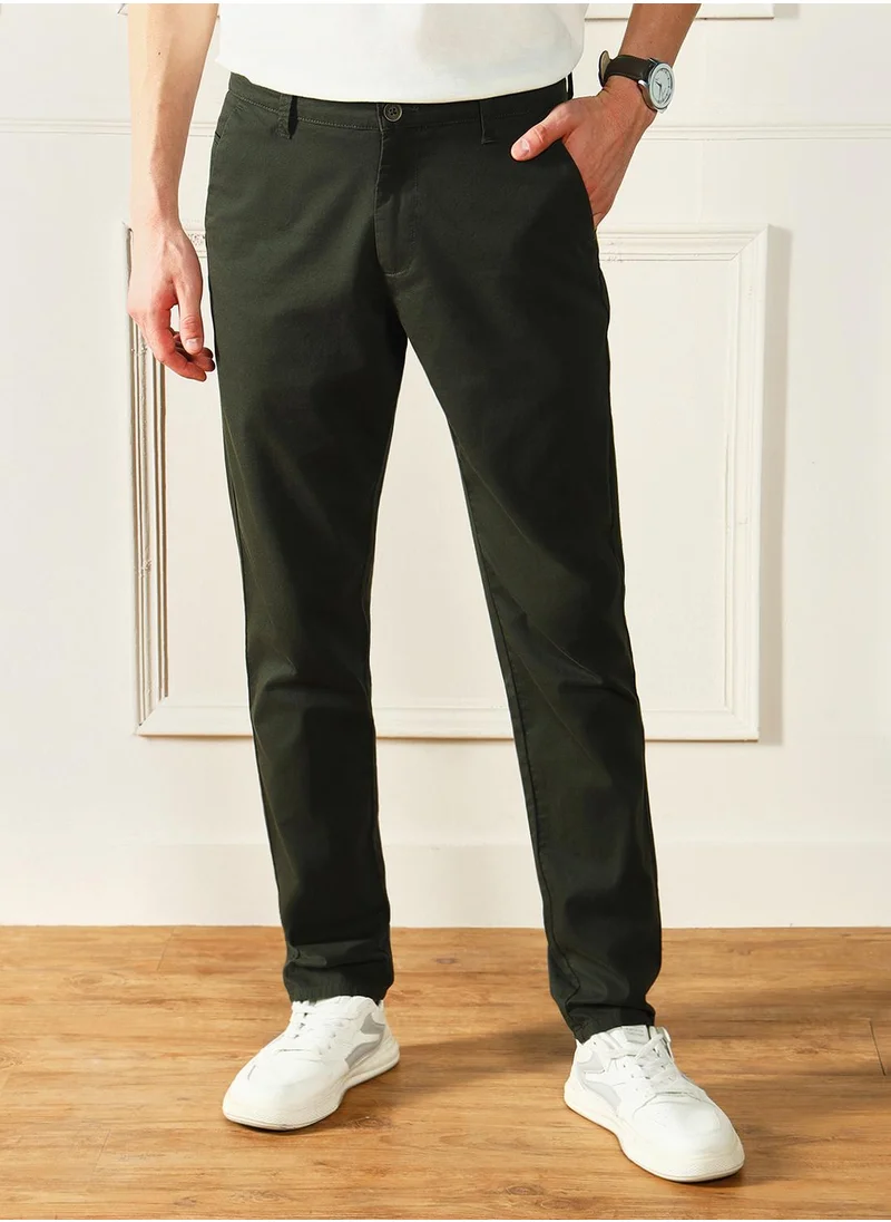 Dennis Lingo Dark Green Slim Fit Solid Trouser for Men - 100% Cotton, Full Length, Button & Zip, Mid Rise, Casual,