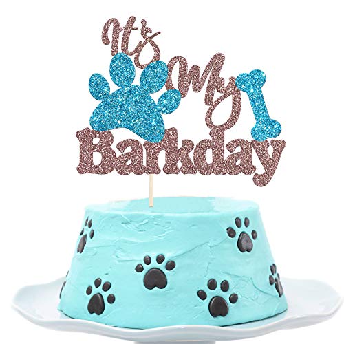 Festiko It's My Barkday Cake Topper - Puppy Birthday Party Decoration Supplies for Pet Dogs - Rose Gold & Blue Glitter - Image 1