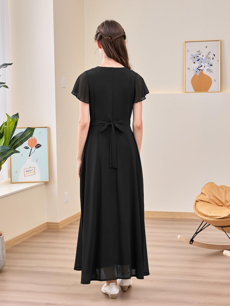 GORLYA Girls Scoop Neck Ruffle Sleeve Vintage Elegant Flowy Wedding Party Long Maxi Chiffon Dress 10-16Y(GOR1184,6Y,Black) - Image 2