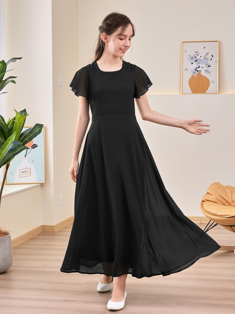 GORLYA Girls Scoop Neck Ruffle Sleeve Vintage Elegant Flowy Wedding Party Long Maxi Chiffon Dress 10-16Y(GOR1184,6Y,Black) - Image 5