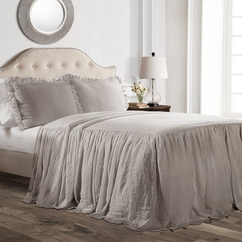 Lush Decor Ruffle Skirt Bedspread Set - 3-Piece Luxurious Farmhouse Bedding - Elegant Ruffle Detail - Timeless Style - Soft Lightweight Sheets - Queen, Grey - Image 1