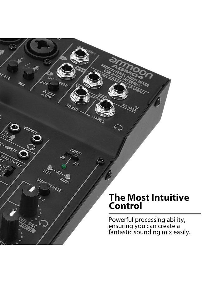 ammoon - 4-Channel Mini Mixing Console Digital Audio Mixer 2-Band Eq Built-In 48V Phantom Power 5V Usb Powered For Home Studio Recording Dj Network Live Broadcast Karaoke Agm04 - Image 1