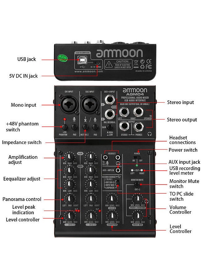 ammoon - 4-Channel Mini Mixing Console Digital Audio Mixer 2-Band Eq Built-In 48V Phantom Power 5V Usb Powered For Home Studio Recording Dj Network Live Broadcast Karaoke Agm04 - Image 1