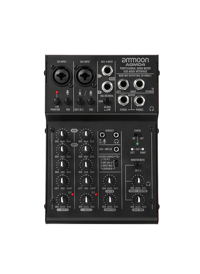 ammoon - 4-Channel Mini Mixing Console Digital Audio Mixer 2-Band Eq Built-In 48V Phantom Power 5V Usb Powered For Home Studio Recording Dj Network Live Broadcast Karaoke Agm04 - Image 1