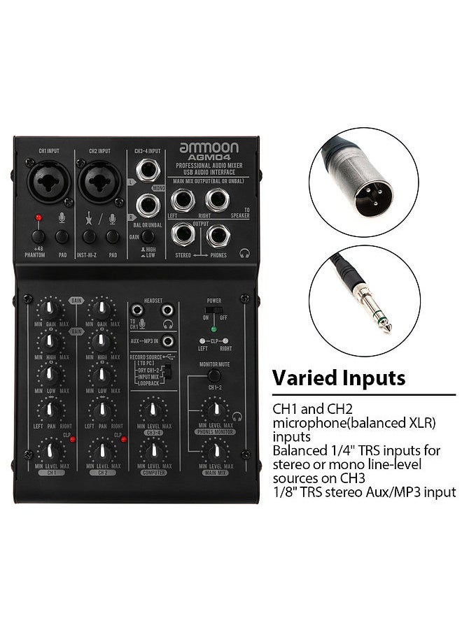 ammoon - 4-Channel Mini Mixing Console Digital Audio Mixer 2-Band Eq Built-In 48V Phantom Power 5V Usb Powered For Home Studio Recording Dj Network Live Broadcast Karaoke Agm04 - Image 1