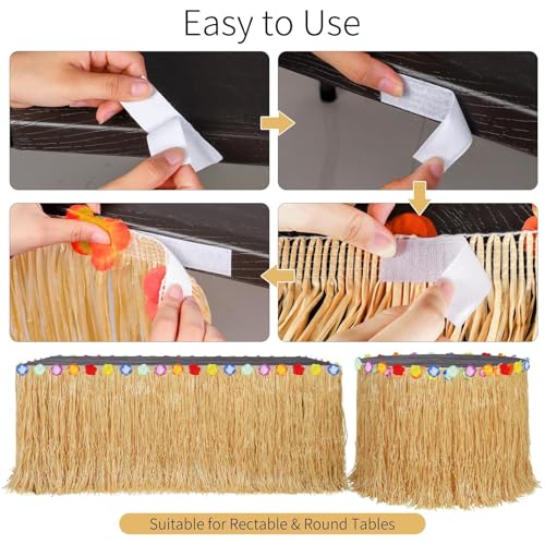 Aneco 4 Pieces 9 Ft x 30 Inches Luau Grass Table Skirts with LED String Light Hawaiian Table Skirt Lighted Grass Skirt Table Fringe for Tropical, Hawaiian Themed, Birthday Party (Natural) - Image 4